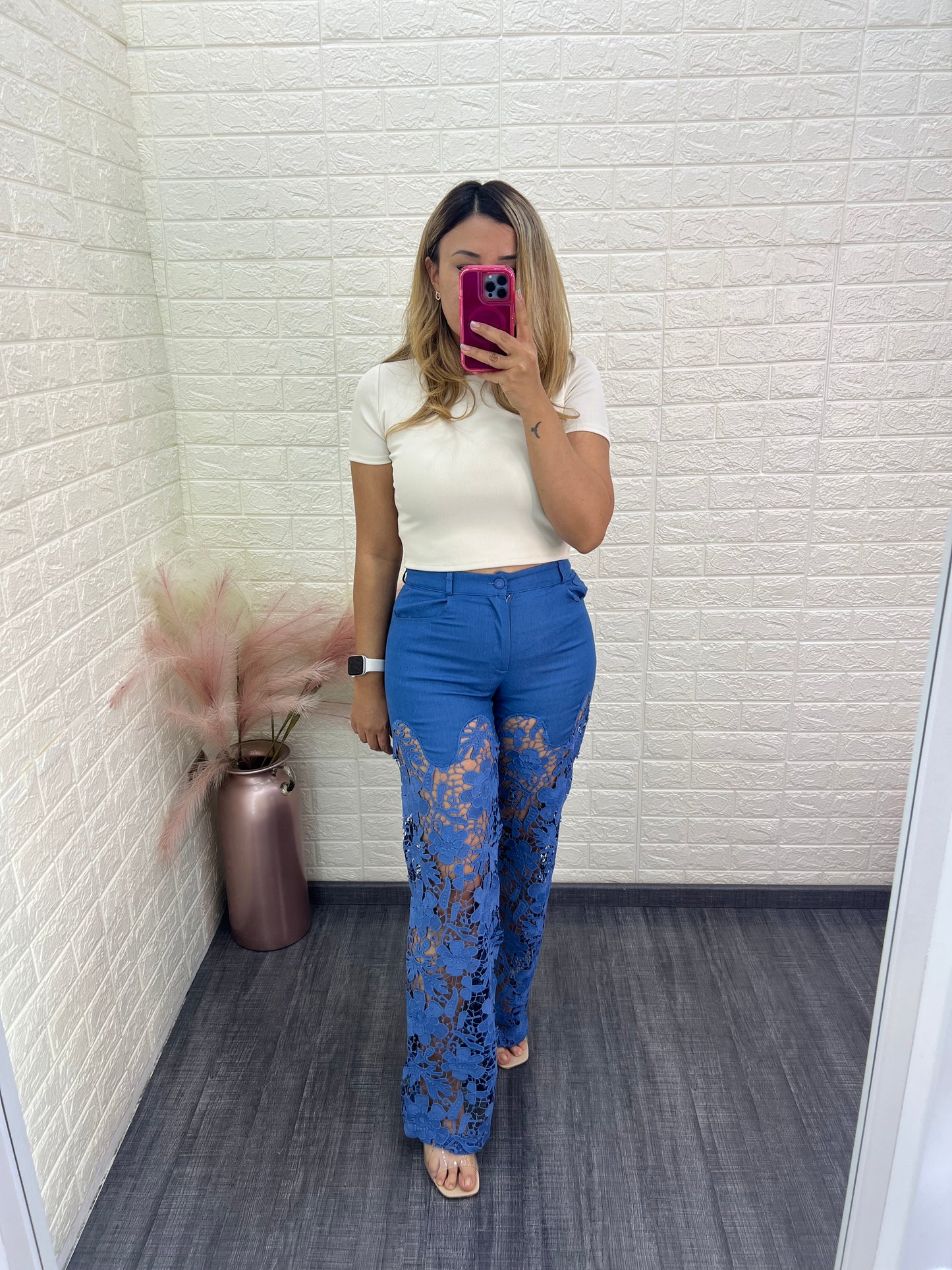 Pantalón de Mezclilla con Encaje Color Azul