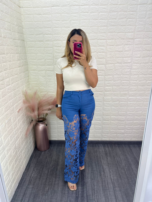 Pantalón de Mezclilla con Encaje Color Azul