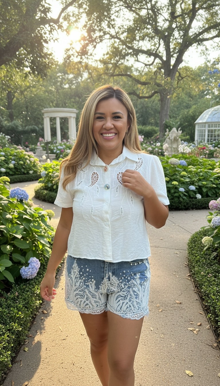 Short de Mezclilla con Bordado Blanco y Aplicaciones de Perlas