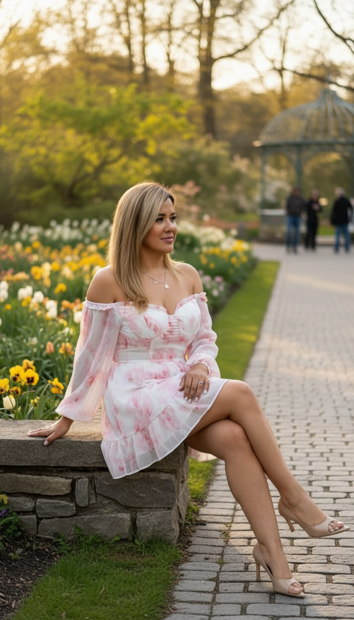 Vestido Sin Hombros de Manga Larga en Tela de Gasa con Fondo Blanco