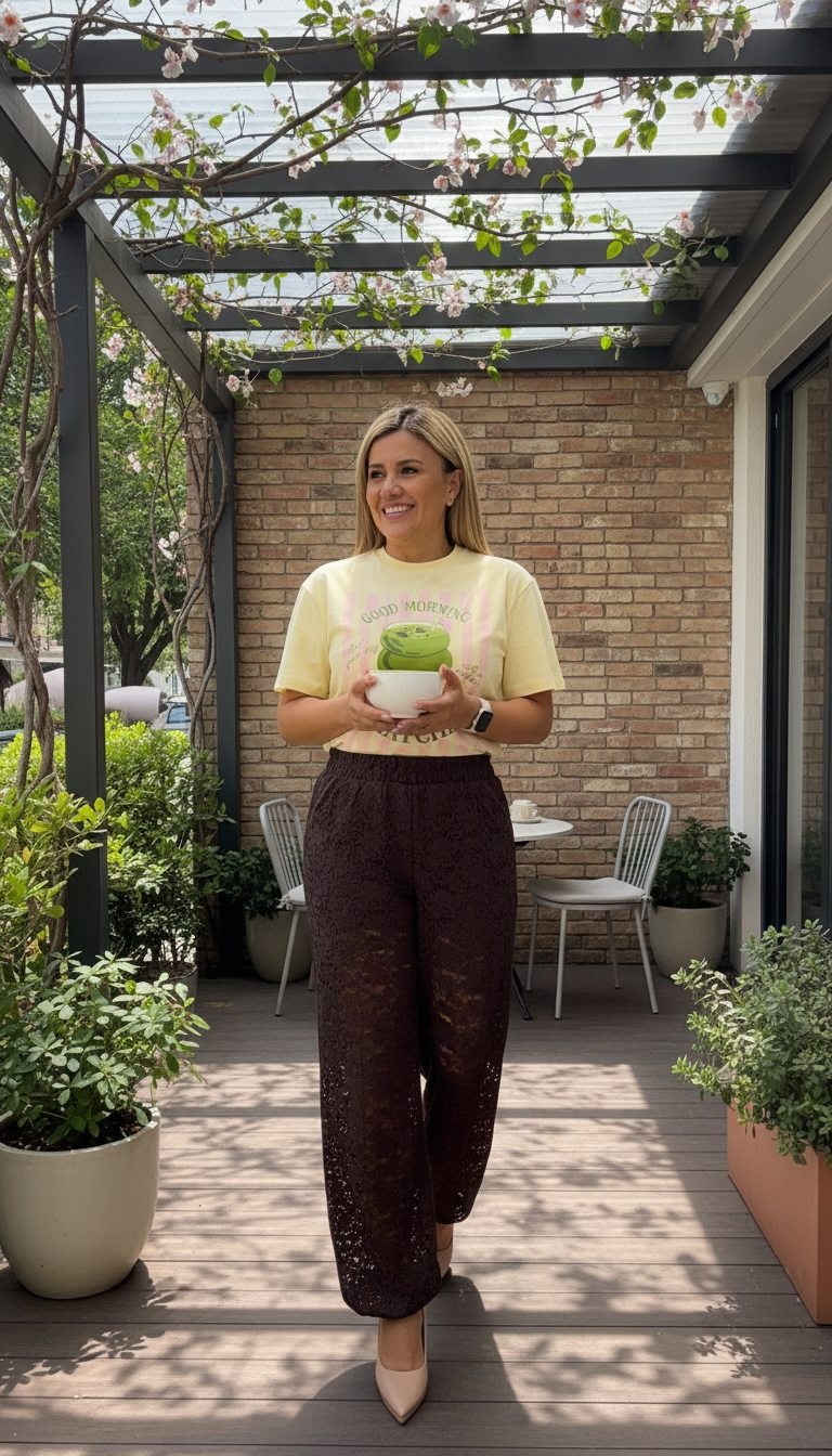 Jogger Café de Encaje con Short de Forro