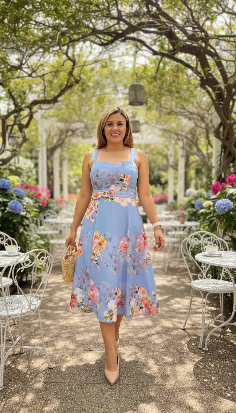 Vestido Celeste de Tirantes con Estampado Floral