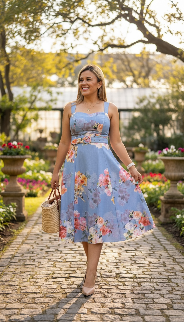 Vestido Celeste de Tirantes con Estampado Floral