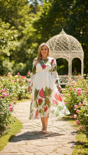 Vestido Blanco de Gasa Estampado de Hojas, Con Forro