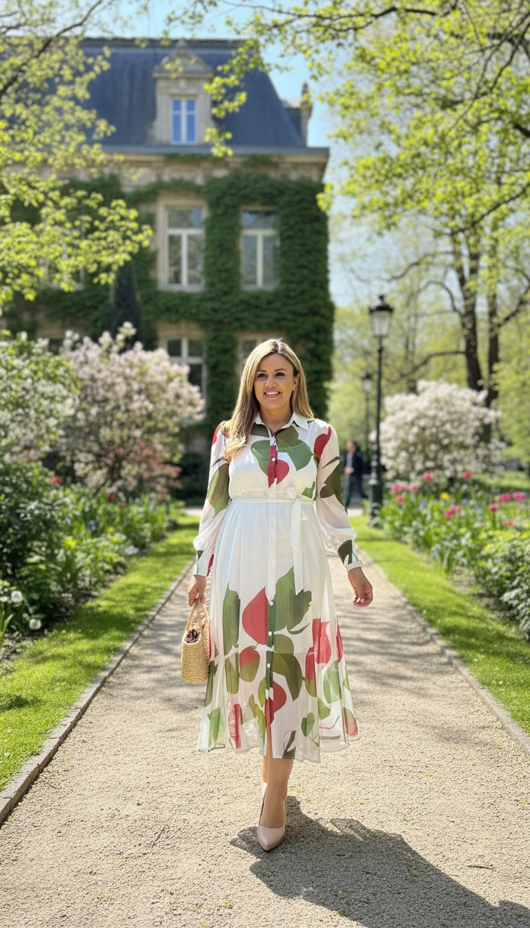 Vestido Blanco de Gasa Estampado de Hojas, Con Forro
