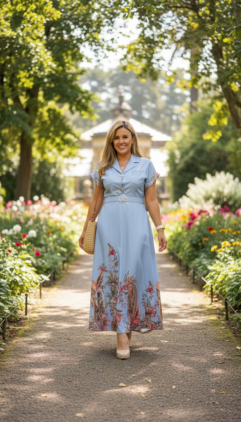 Vestido Azul Acero Estampado con Flores, con Cinto