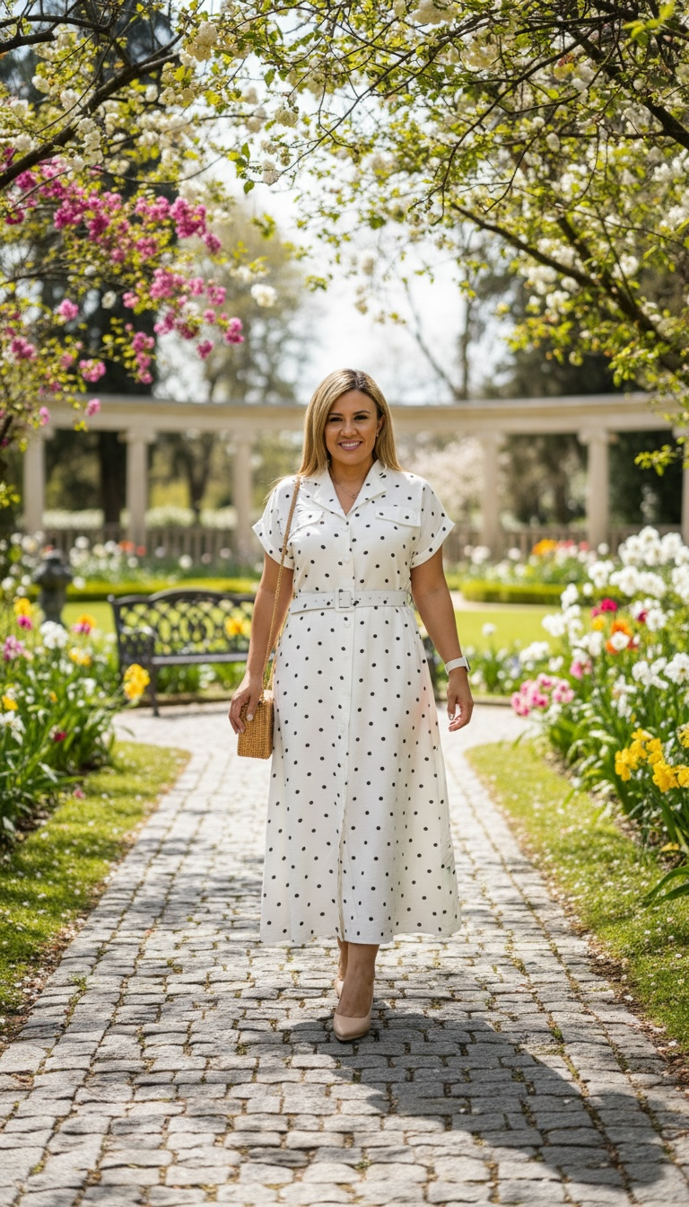 Vestido Largo Color Beige Claro Estaampado Polka Dots Café