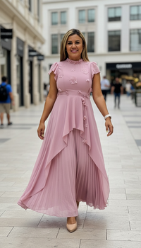 Vestido Largo Color Mauve Rose con Aplicación de Flores y Cintillo