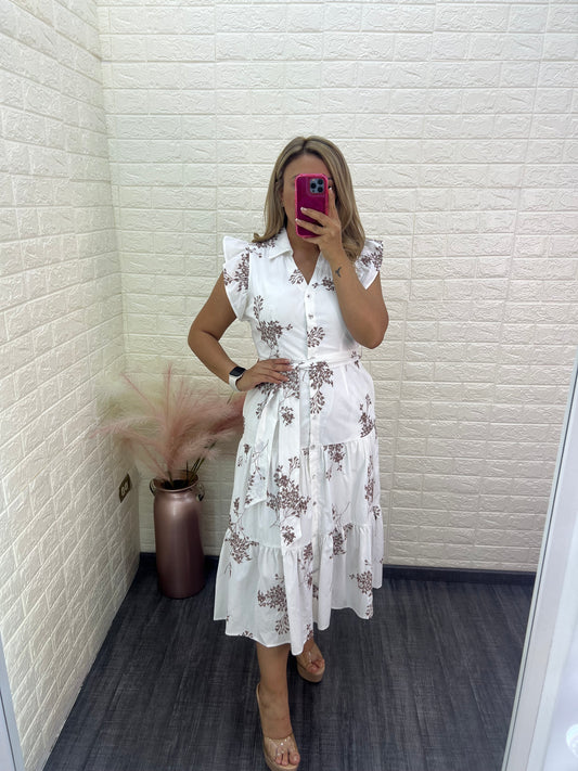 Vestido Largo Blanco Con Bordado de Ramas