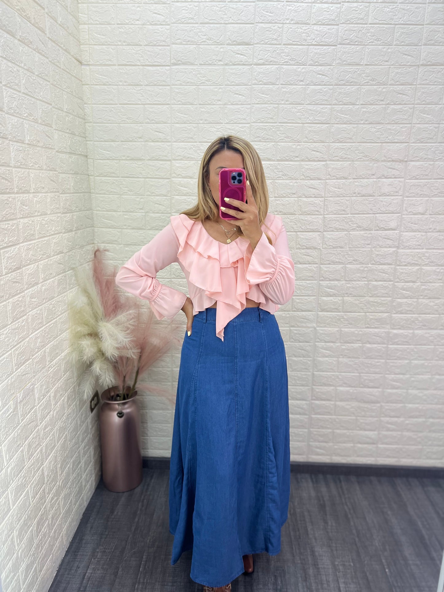 Blusa Rosa de Gasa de Manga Larga