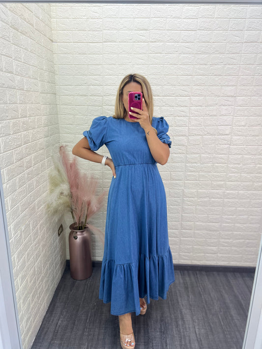 Maxi Vestido de Color Azul Mezclilla Liso