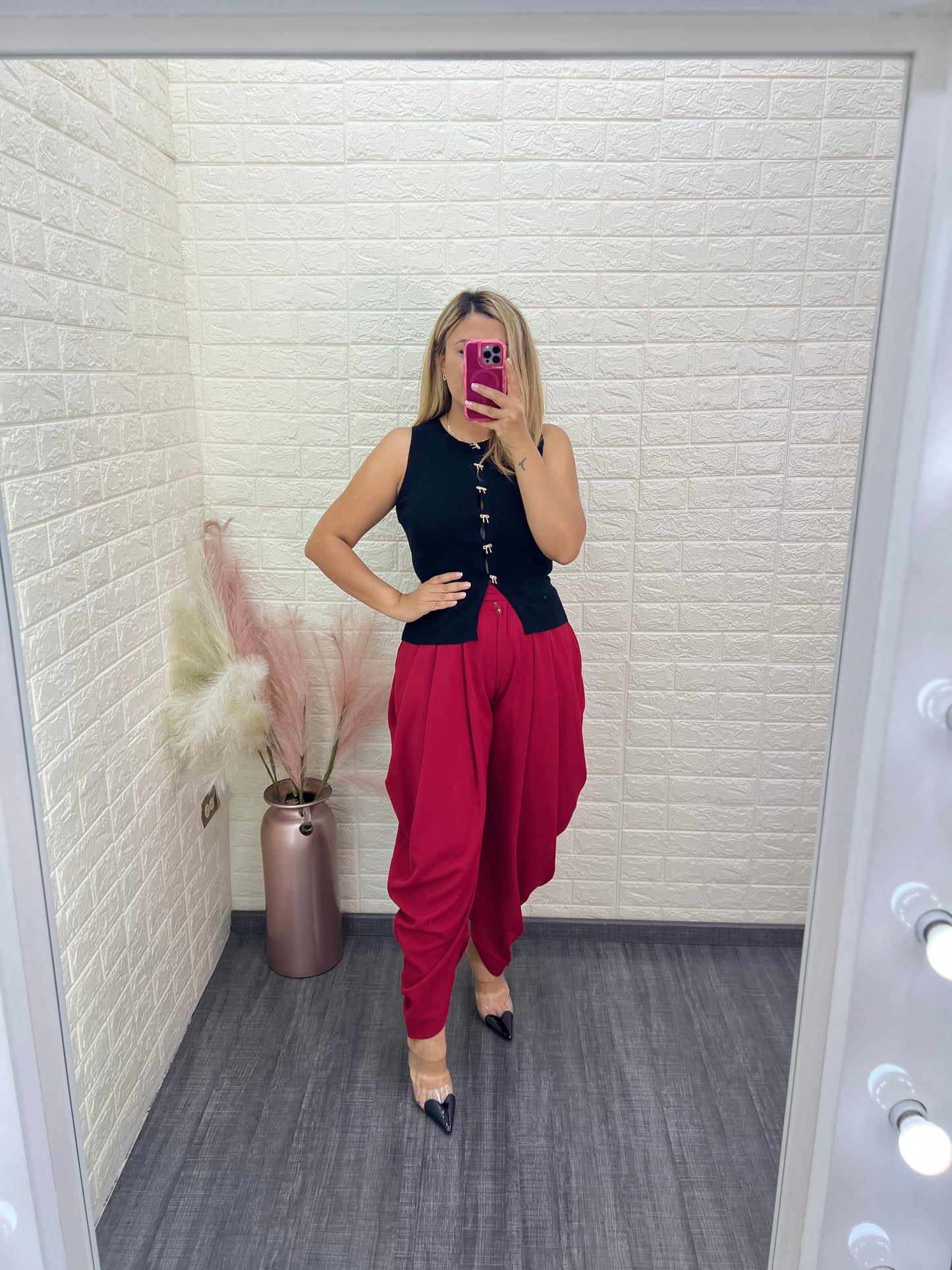 Pantalón Casual Abombado Color Rojo Cereza