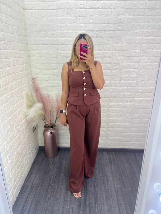 Conjunto de Blusa Casual y Pantalón con Botones Dorados