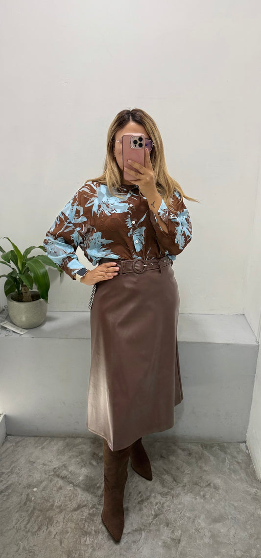 Camisa Café con Celeste de Manga Larga