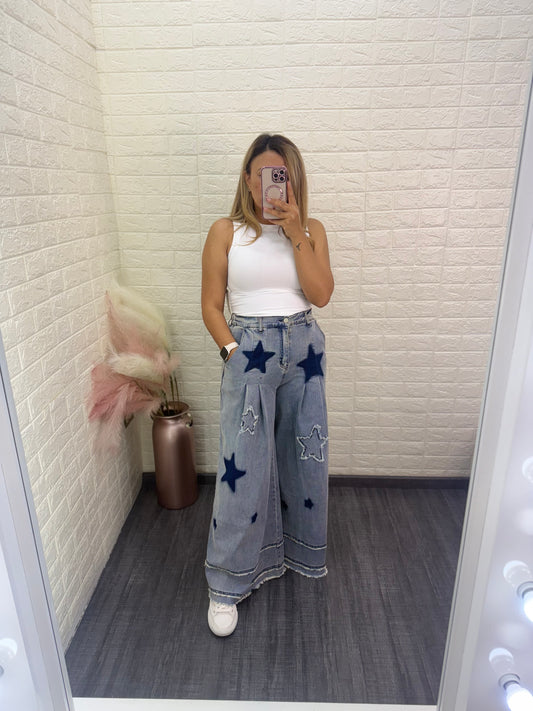 Jeans de Mezclilla High Wide con Estampado de Estrellas