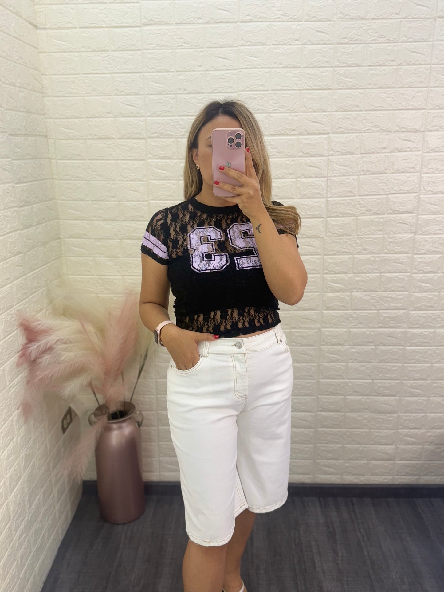 Blusa De Encaje Estampado #23 Color Negro