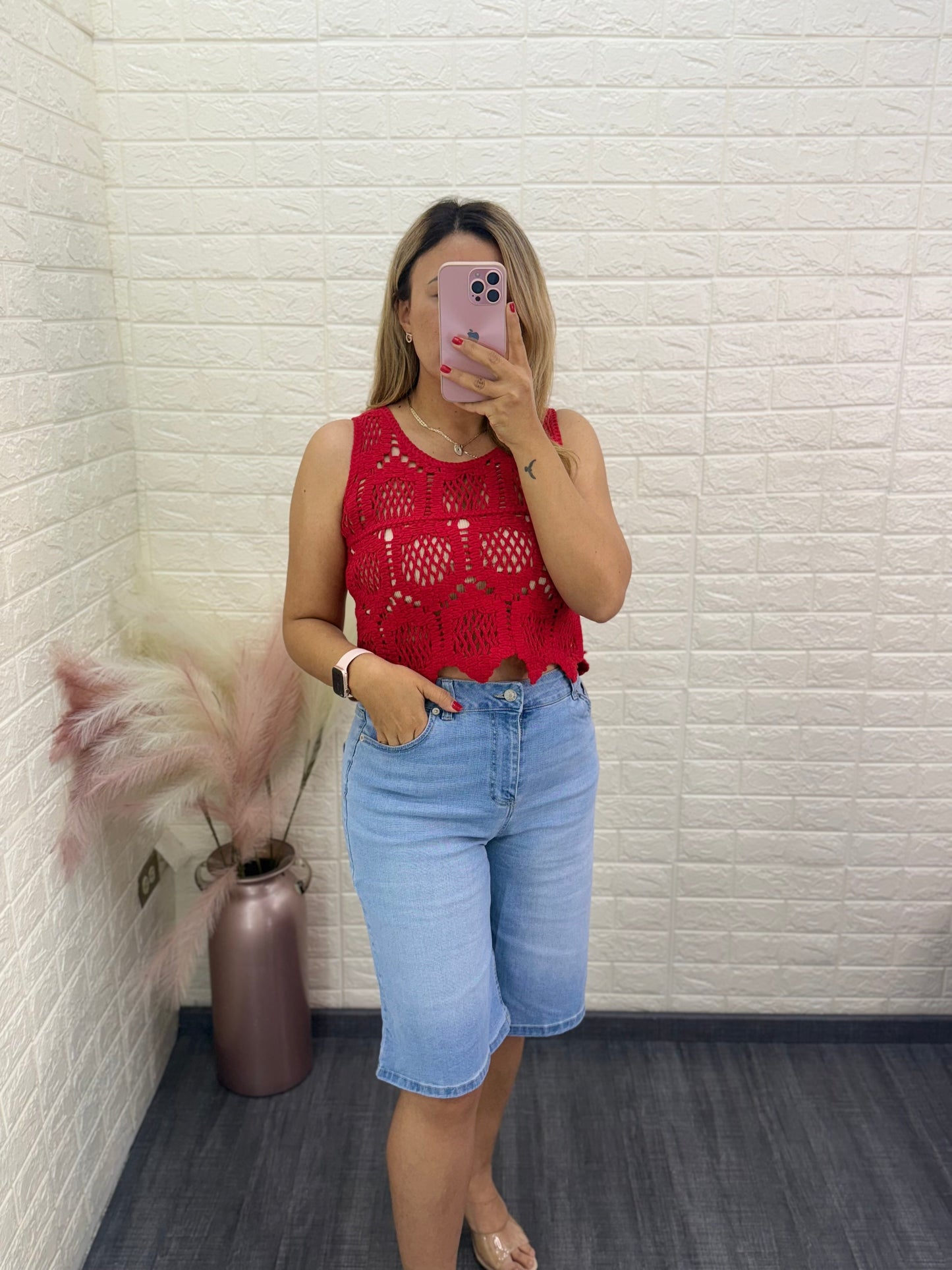 Blusa Tejida de Tirantes en Color Rojo