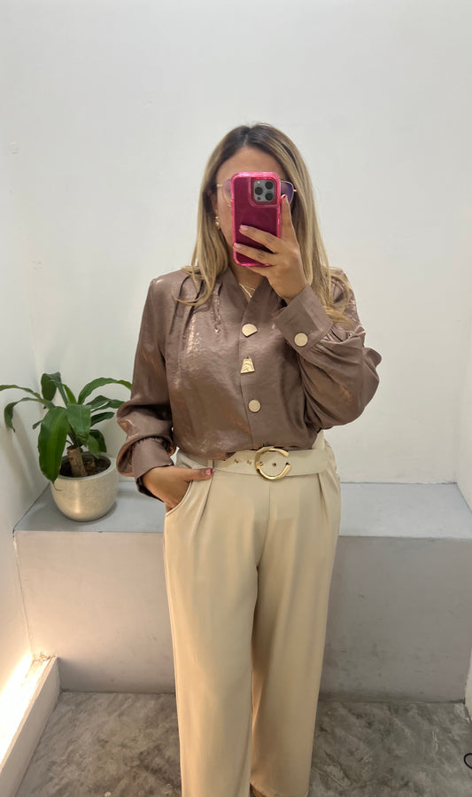 Blusa Satinada Color Mocca de Manga Larga