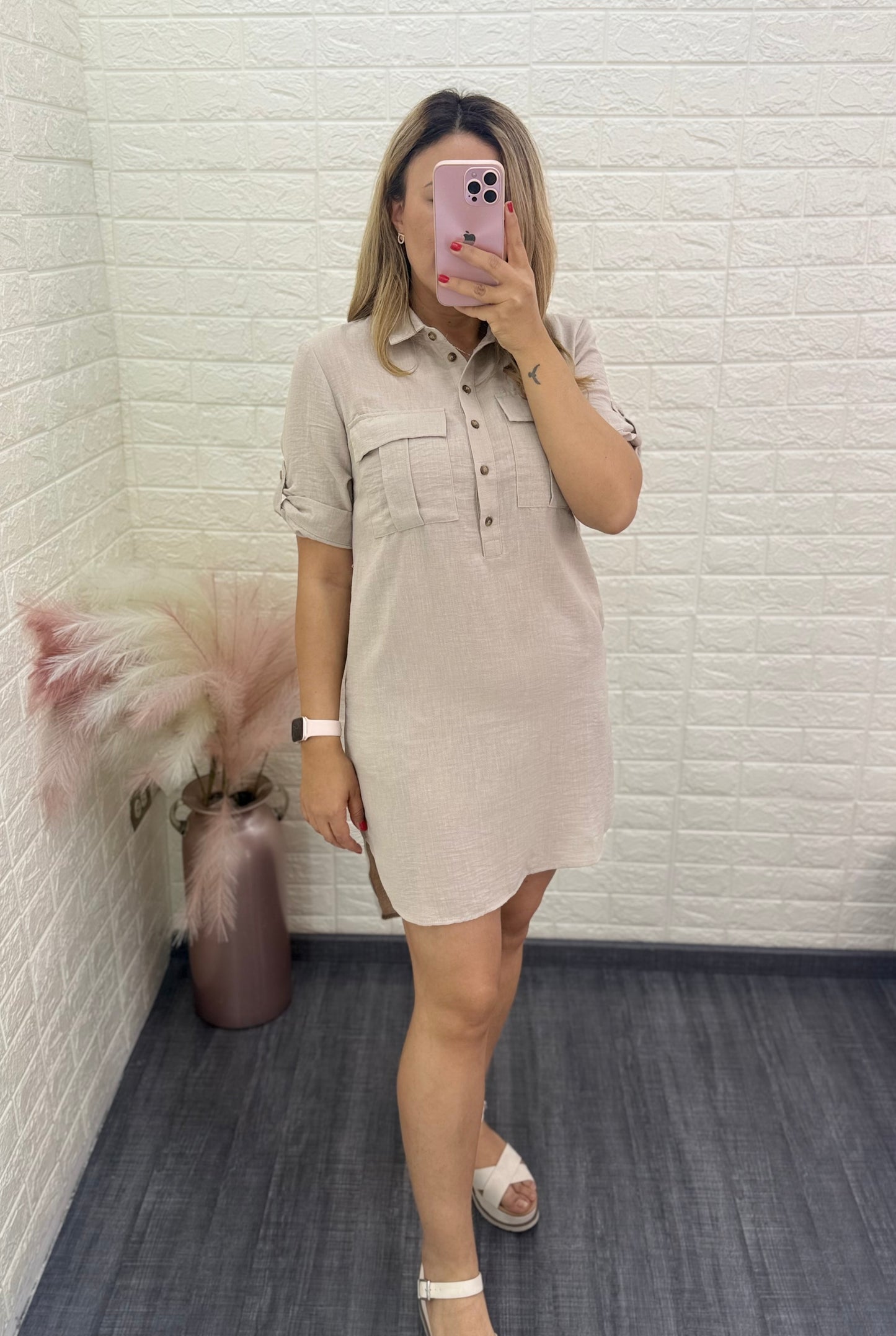 Vestido Liso Beige con Botones Café