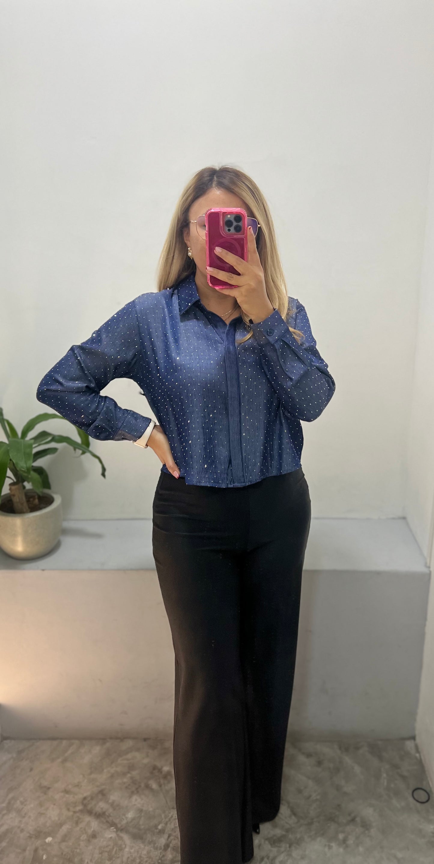 Blusa Azul Marino de Manga Larga con Aplicaciónn de Brillos