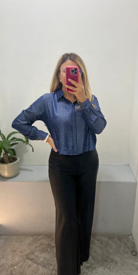 Blusa Azul Marino de Manga Larga con Aplicaciónn de Brillos