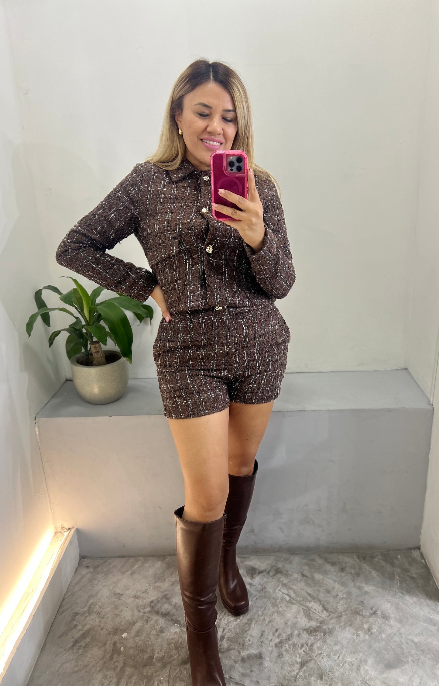 Conjunto de Short y Blazer Estampados a Cuadros