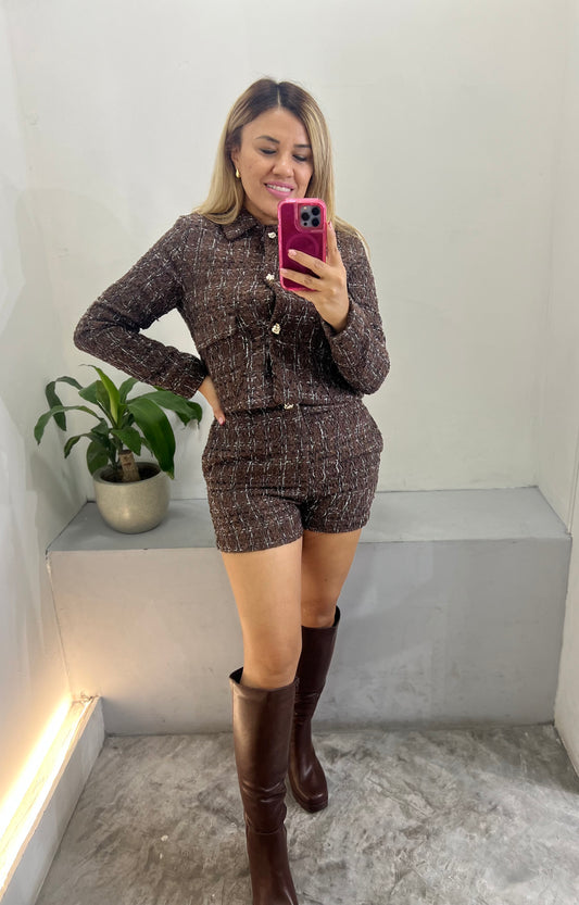 Conjunto de Short y Blazer Estampados a Cuadros