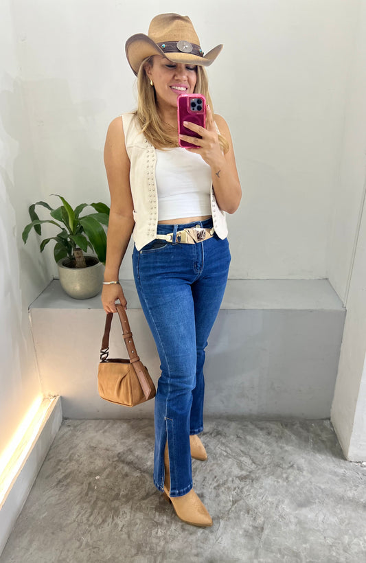 Jeans de Mezclilla Azul Prelavado Corte High Boot Cut Jeans