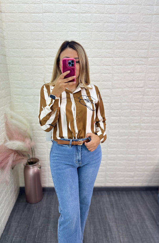 Blusa Estampada a Rayas Color Ivory con Café