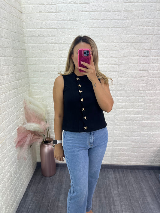 Blusa Negra Tipo Chaleco con Botones Dorados