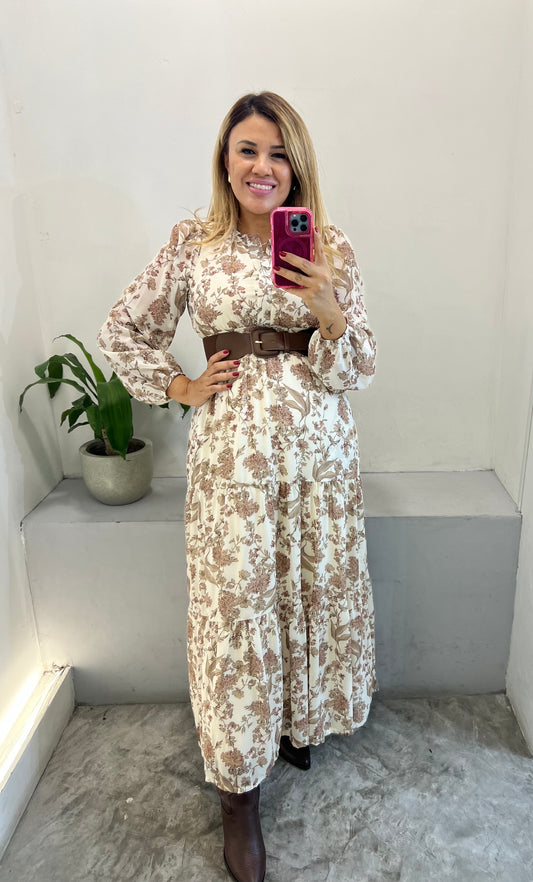 Vestido Largo de Gasa Color Cream con Estampado Flores Café Claro
