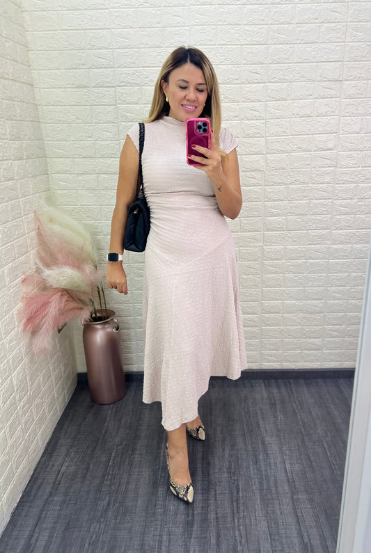 Vestido Largo Plisado Color Beige Tejido sin Mangas