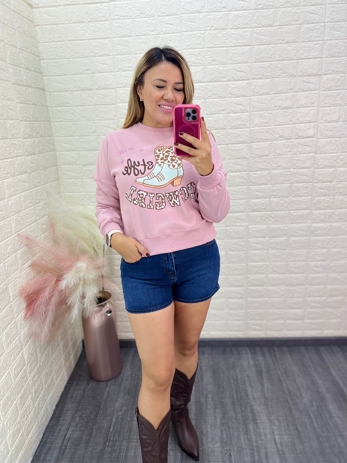 Sudadera Rosa Estampado Vaquero