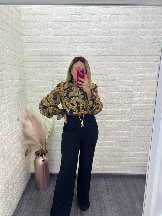 Camisa de Manga Larga Negra Estampado Floral Dorado