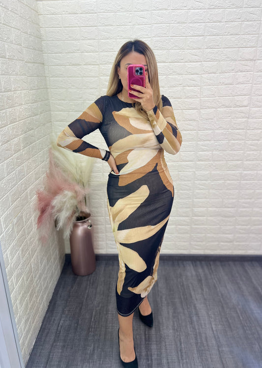 Vestido Largo de Mesh Estampado Con Forro