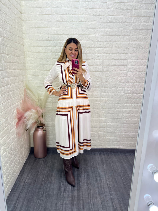 Vestido de Manga Larga Color Crema con Líneas Estampadas