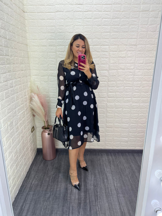 Vestido Negro de Manga Larga con Estampado Lunares Blancos