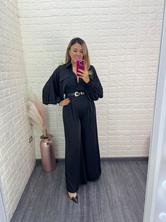 Maxi Jumpsuit Negro de Manga Larga con Cinto