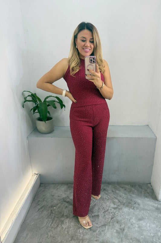 Set de Blusa y Pantalón Casual Guindos con Brillos en Plata