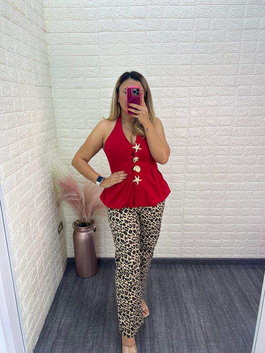 Blusa Roja Casual Cuello Halter con Botones Dorados