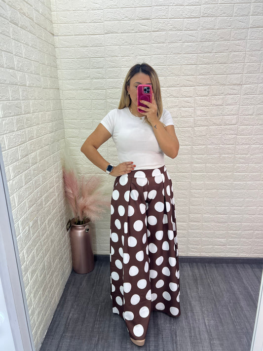 Maxi Pantalón Café Estampado Lunares Blancos