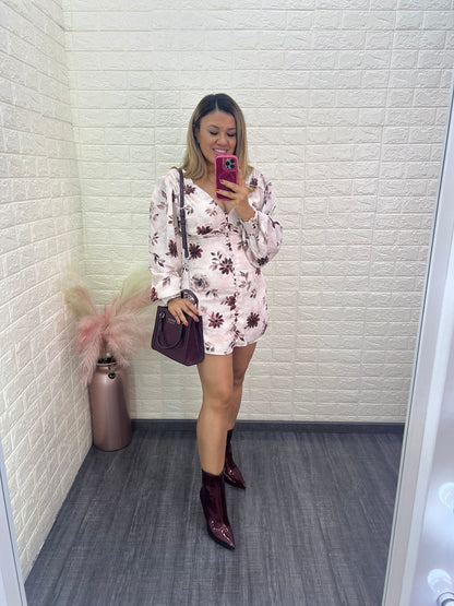 Vestido Rosa Estampado Flores de Manga Larga Cuello V