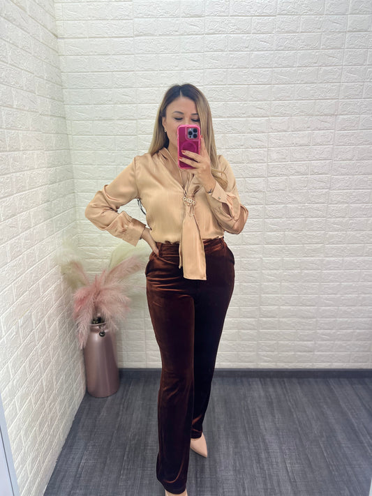 Pantalón Color Café Satinado de Velvet Corte Recto