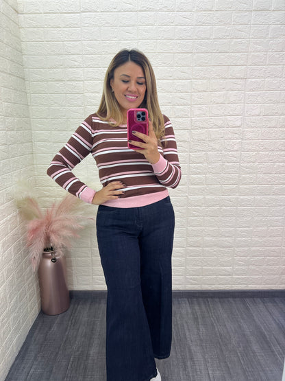 Blusa Suéter Estampado a Rayas Café con Rosa