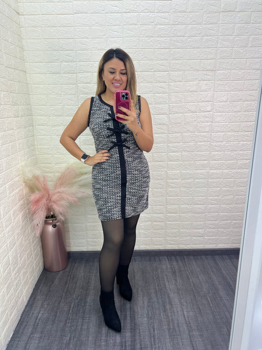 Vestido Gris Jaspe con Moños Negros