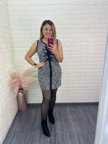 Vestido Gris Jaspe con Moños Negros