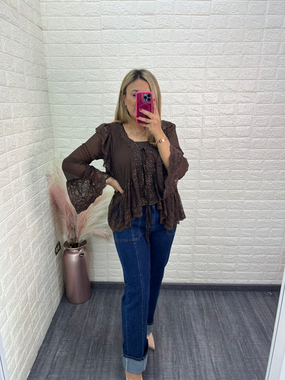 Blusa Café de Gasa con Encaje