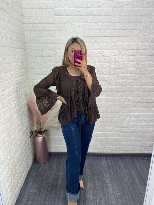 Blusa Café de Gasa con Encaje