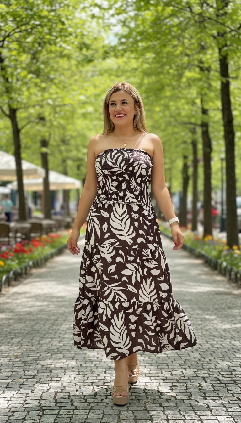 Vestido Straple Estampado Café Con Blanco