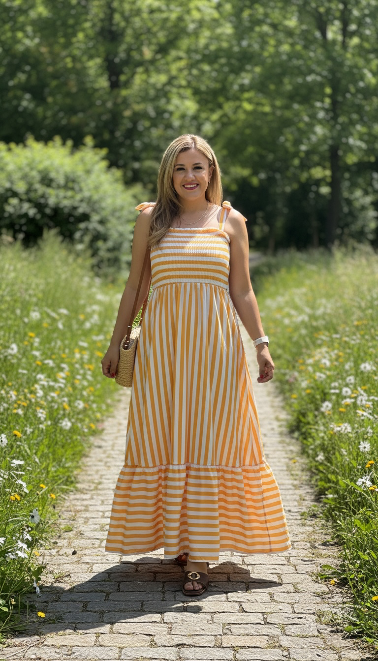 Vestido de Tirantes Estampado Rayas Amarillas y Blancas